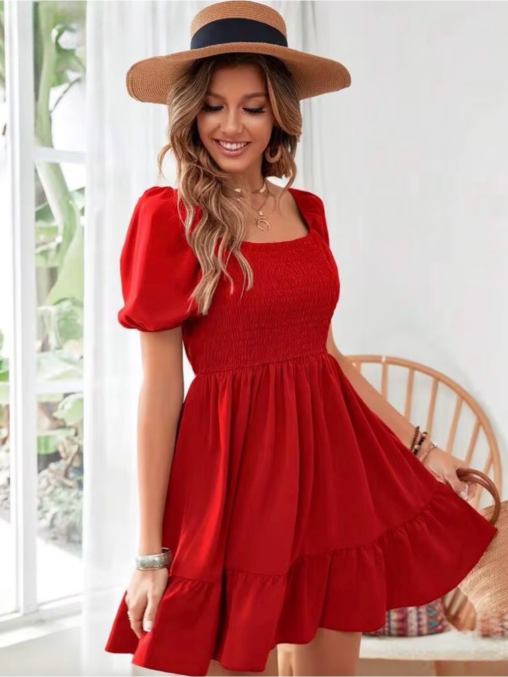 Boho Cottagecore Red Smocked Puff Sleeve Mini Red Dress 0XL
